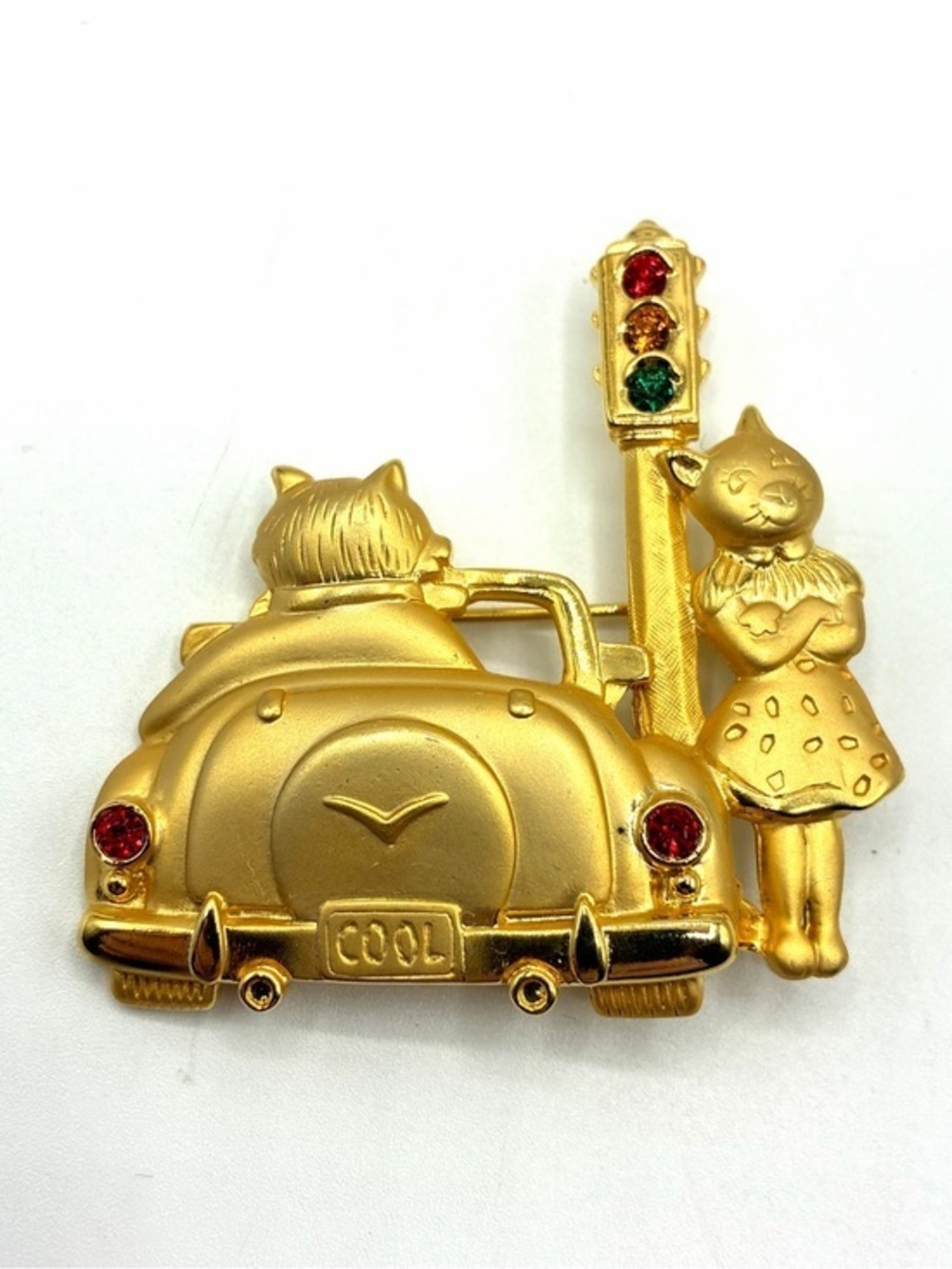 Vintage Cool Cats Car Traffic Lights Pin Brooch JJ Jonette Rhinestone Gold Tone